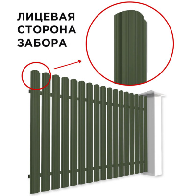 Забор штакетник Полукруглый RAL 6002 Зеленый Лист односторонний спереди