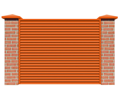 Секция забора жалюзи из ламелей Жалюзи ЭКО-Z RAL2004 Оранжевый с кирпичными столбами анфас