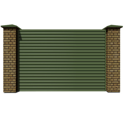 Секция забора жалюзи из ламелей еврожалюзи RAL6002 Зеленый Лист с кирпичными столбами анфас